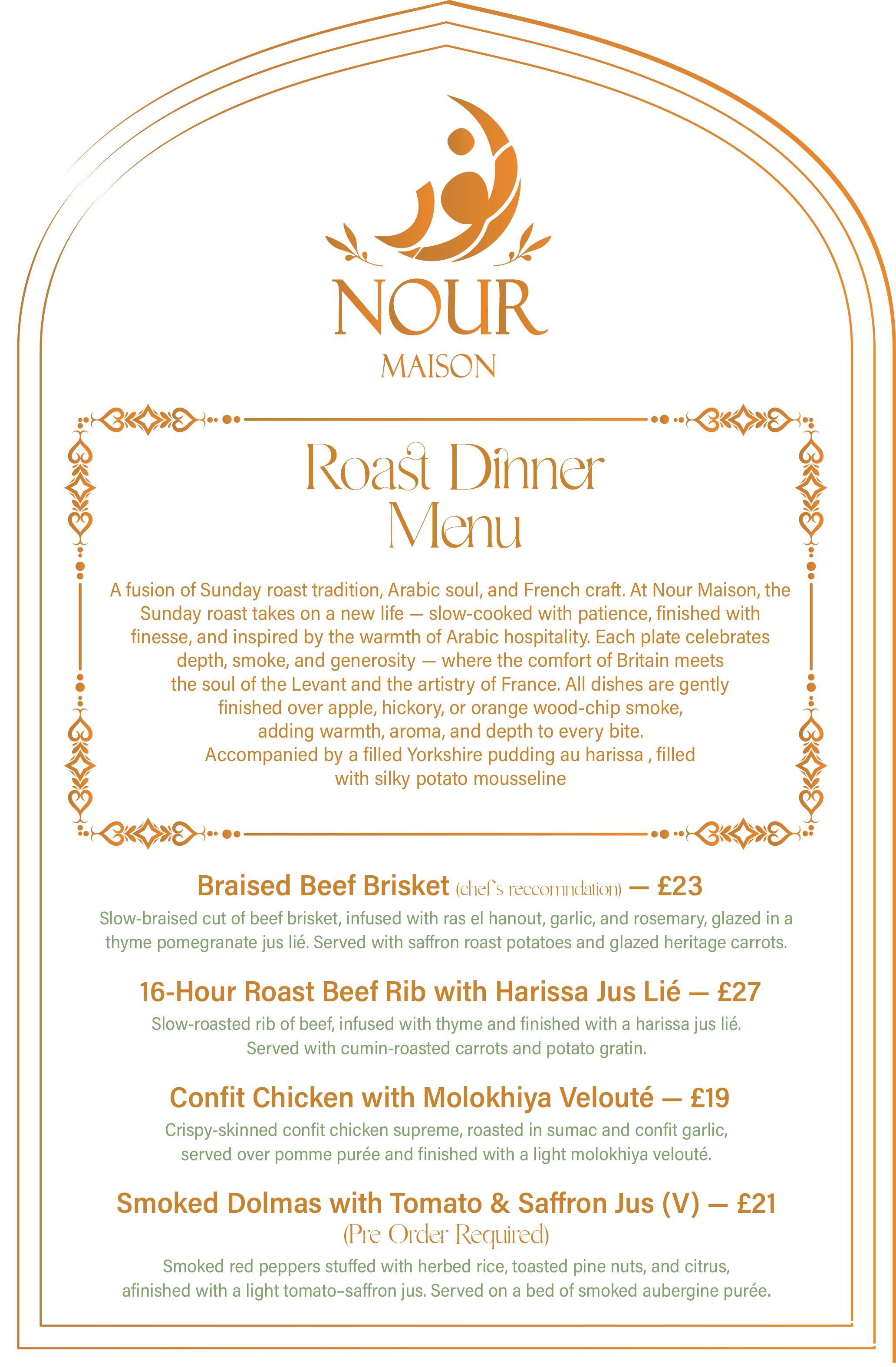 Nour Maison Café roast dinner menu board with Sunday roast dishes