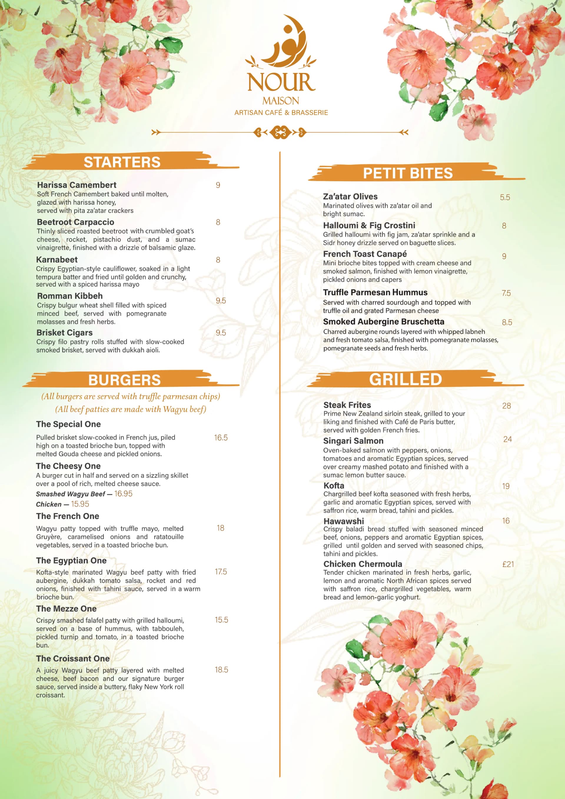 Nour Maison Dinner Menu Milton Keynes - Starters, Petit Bites, Burgers and Grilled Dishes