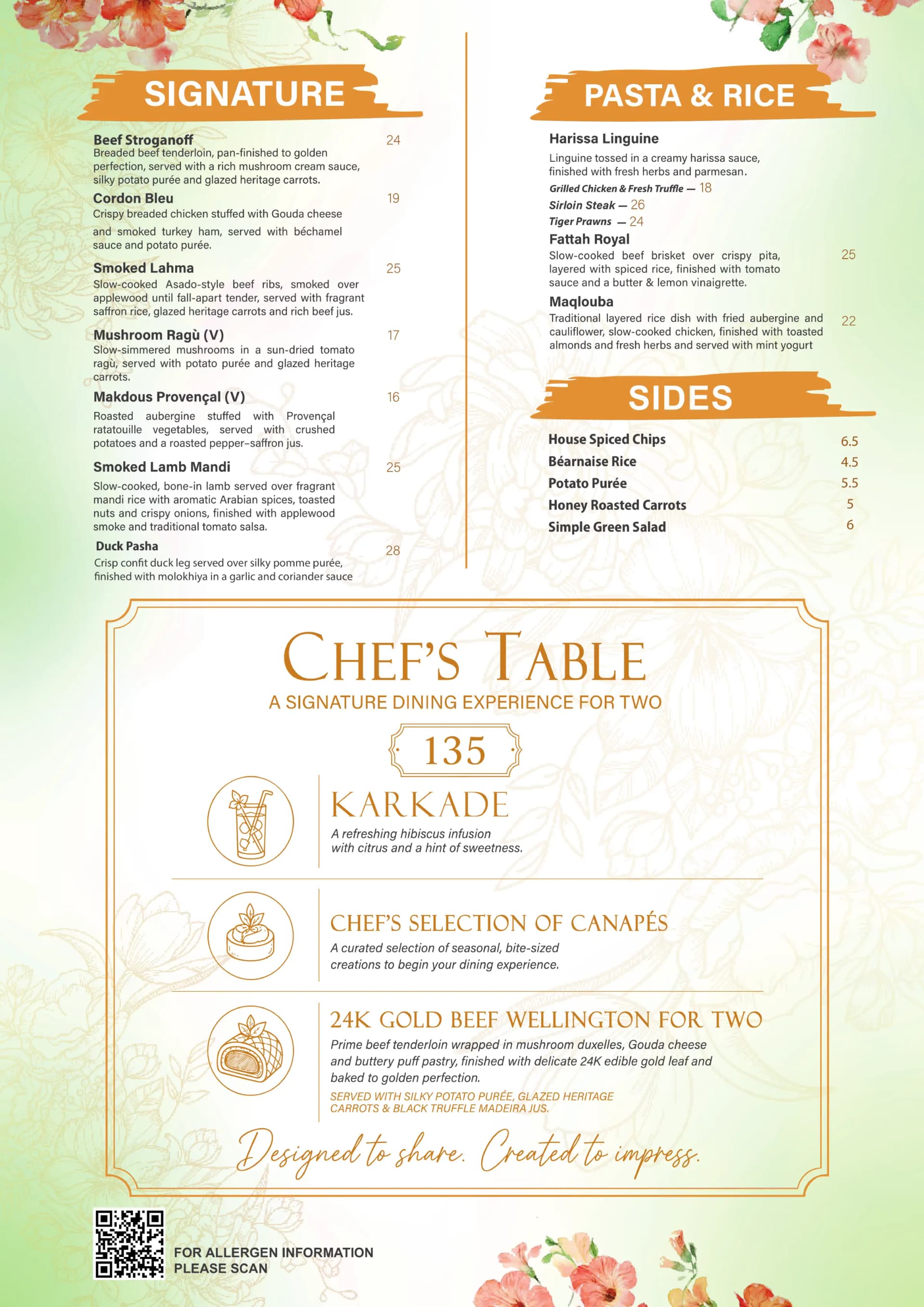 Nour Maison Dinner Menu Milton Keynes - Signature Dishes, Pasta & Rice, Sides and Chef's Table
