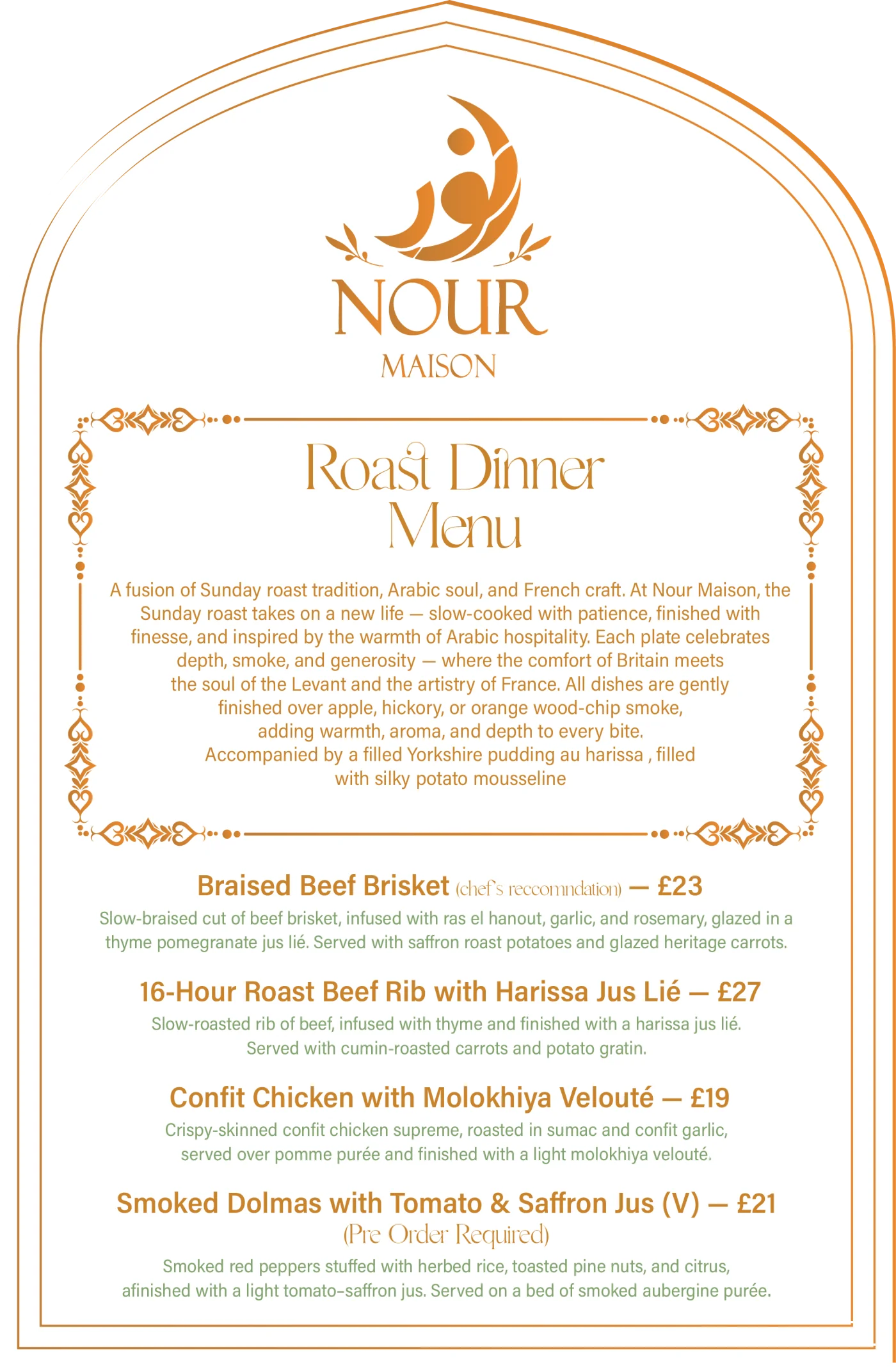 Halal Roast Dinner Menu Milton Keynes - Nour Maison Café signature dishes with Arabic spice and French finesse