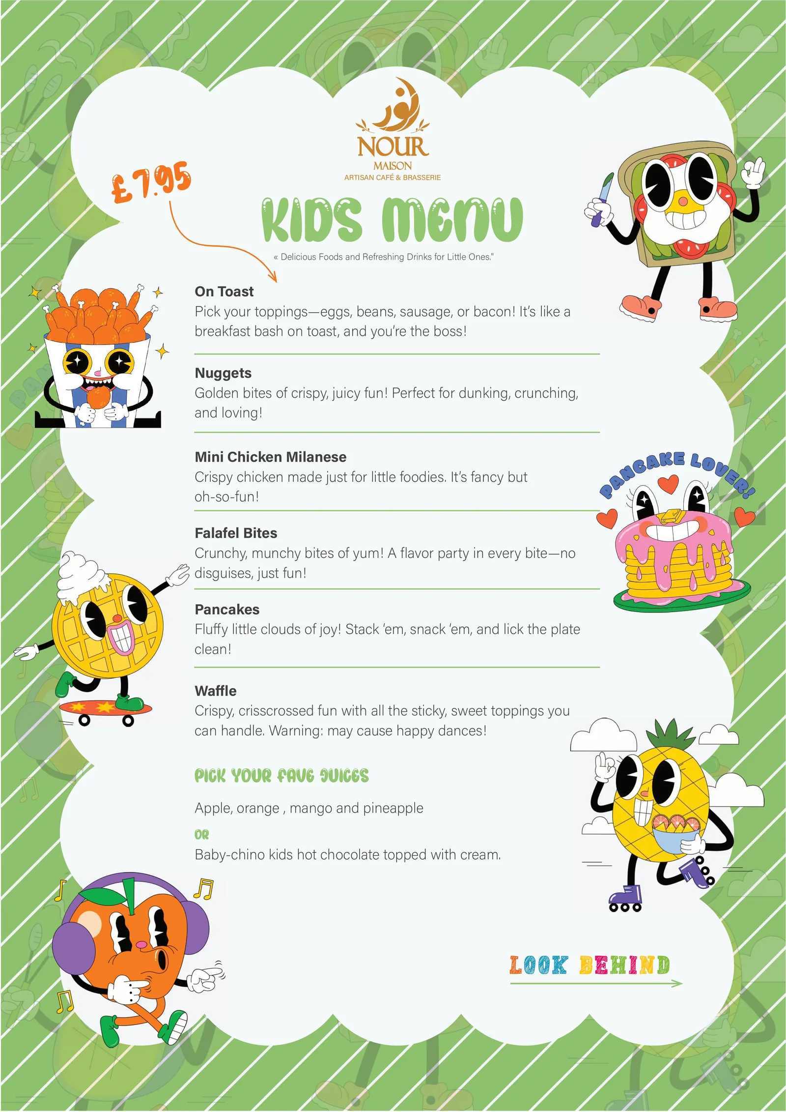 Nour Maison kids menu board with playful food illustrations